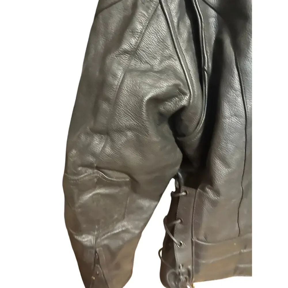 River Road Black Leather Moto Jacket Size 50 XL Lace-Up Side